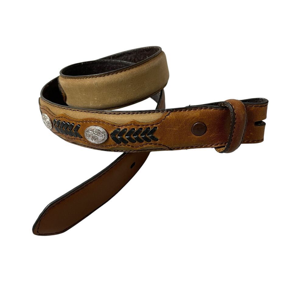 Nocona Belt Co Tan Leather Belt 28 Silver Buckle Western Cowgirl Brown Medallion